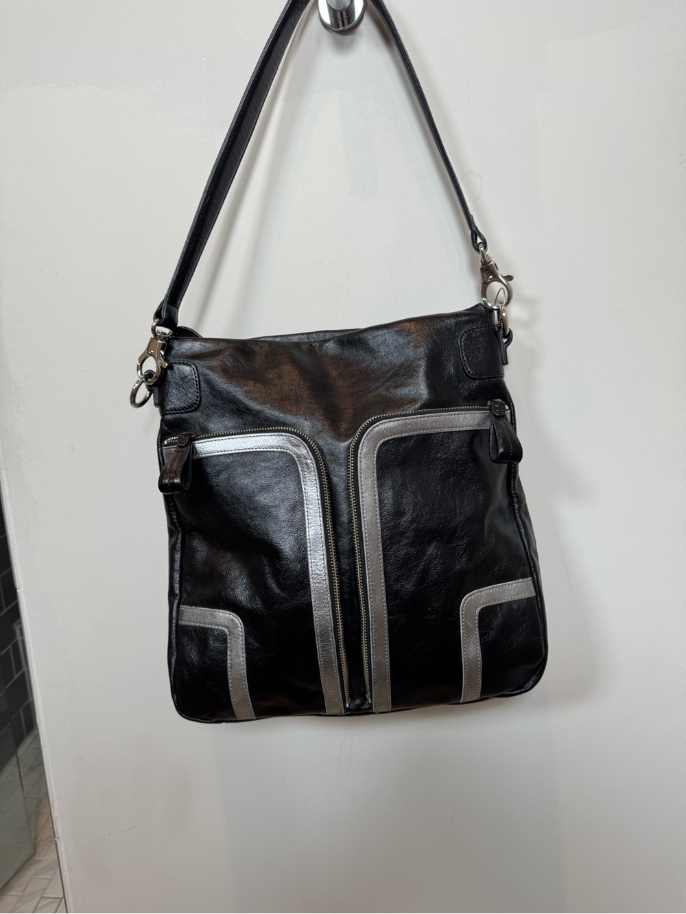 Black Leather Hobo Bag with Silver Trim